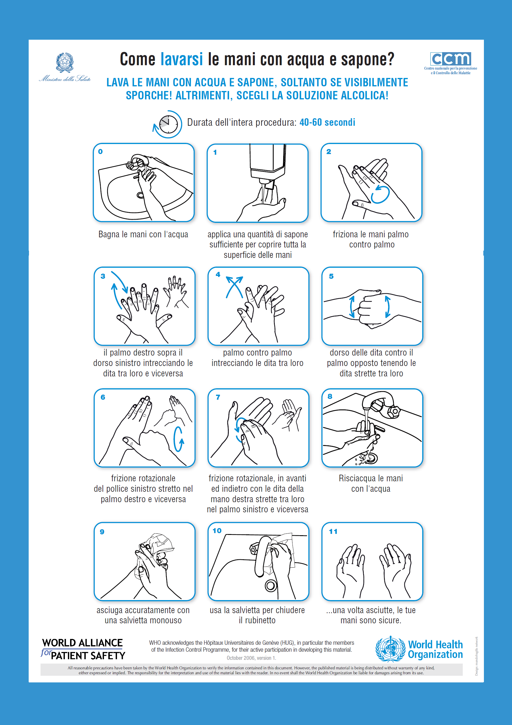 Come lavarsi bene le mani con acqua e sapone. Fonte Ministero Salute. Link al pdf in modo da veder ingrandito il manifesto