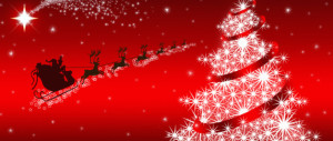 Santa Claus & Christmas tree on red background