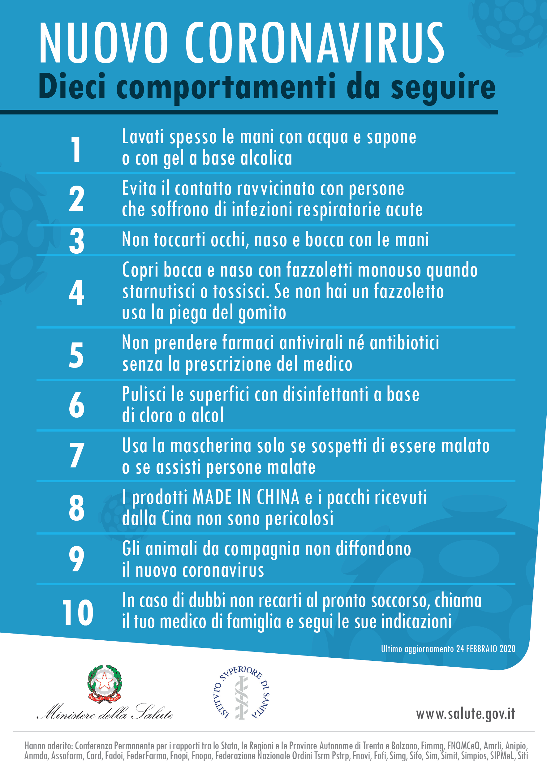 Nuovo Coronavirus. Dieci comportamenti da seguire. Fonte Ministero Salute. Link al pdf in modo da vedere ingrandito il manifesto